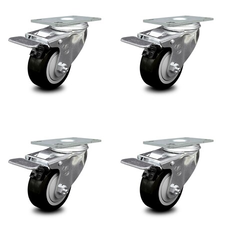 Service Caster 3.5 Inch Black Polyurethane Swivel Top Plate Caster Set with Total Lock Brake SCC-TTL20S3514-PPUB-BLK-4